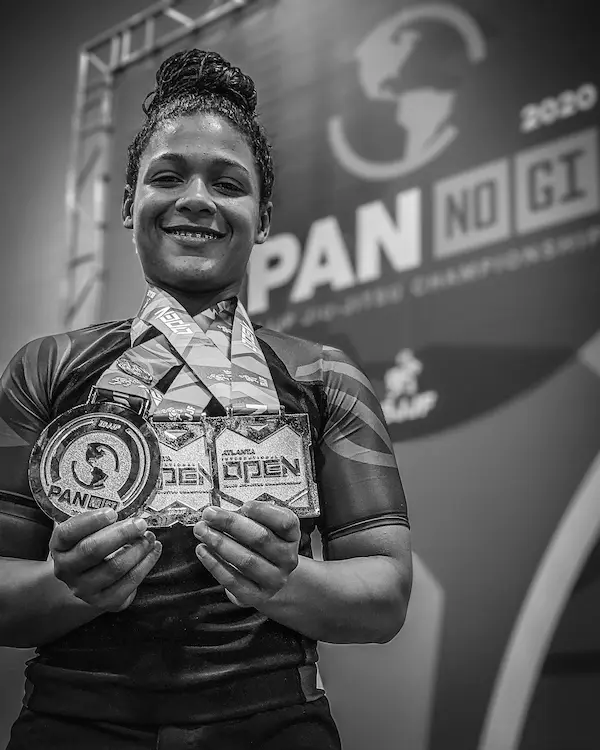 Suellen 'Susu' Lima De Souza wearing her medals at the 2020 IBJJF Pan No-Gi Championship.